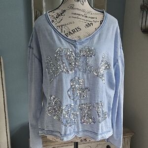 Light Blue Sequin 'Rock & Roll' Italian Fashion Boutique Shirt Hi Low Detail